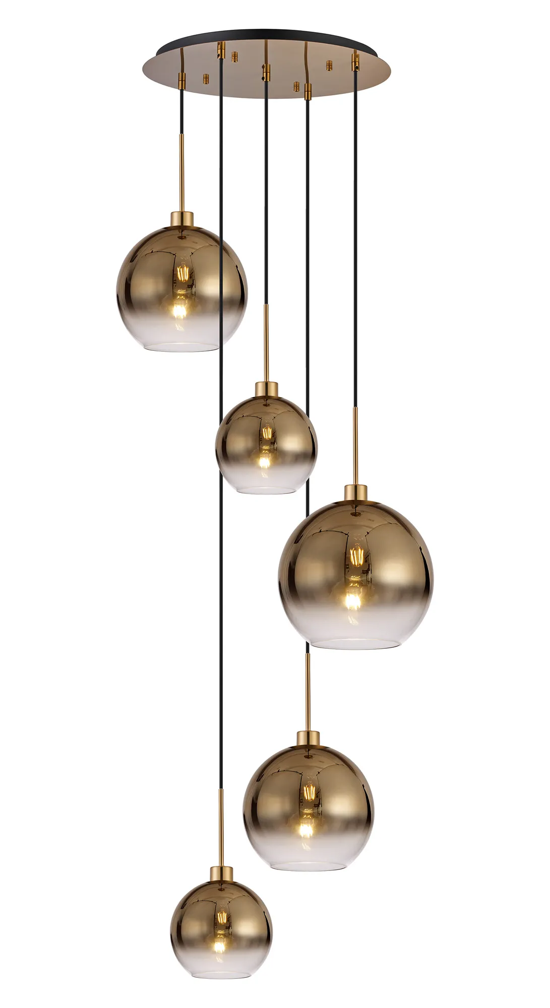 DK1202  Lori 45cm Round Pendant, 5 Light Adjustable E27, Antique Gold/Gold Fade/Clear Globe Shades